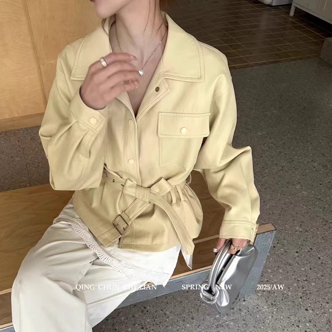 特价8076短款皮衣小外套系腰带修身显瘦高腰气质工装上衣女装春潮