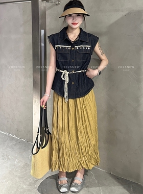 特价独品82213波西米亚牛仔衬衫无袖上衣压皱半身裙两件套女夏