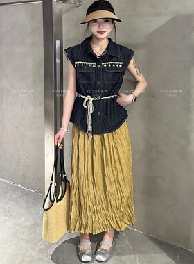 特价独品82213波西米亚牛仔衬衫无袖上衣压皱半身裙两件套女夏