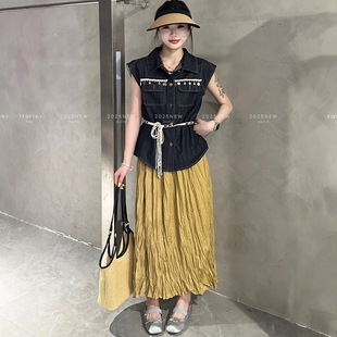 特价独品82213波西米亚牛仔衬衫无袖上衣压皱半身裙两件套女夏