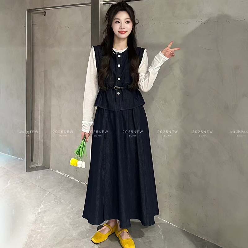 特价11808蕾丝拼接牛仔马甲背心打底衫A字长裙半裙三件套女装春夏