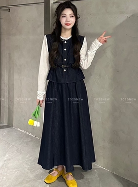 特价11808蕾丝拼接牛仔马甲背心打底衫A字长裙半裙三件套女装春夏