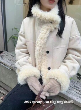 特价流行坊6628羊羔毛短外套加绒加厚皮毛一体鹿皮绒机车夹克女冬