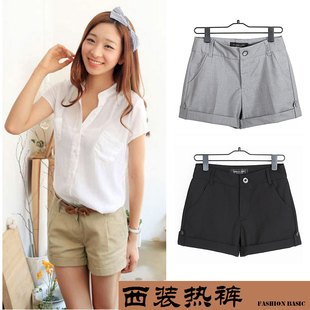 韩版通勤款西装布短裤子 中高腰时尚靴裤 外穿收腰翻边短裤女春夏