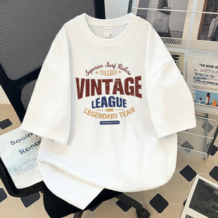 美式复古短袖T恤男女宽松纯棉字母印花潮牌上衣情侣体恤衫青少年