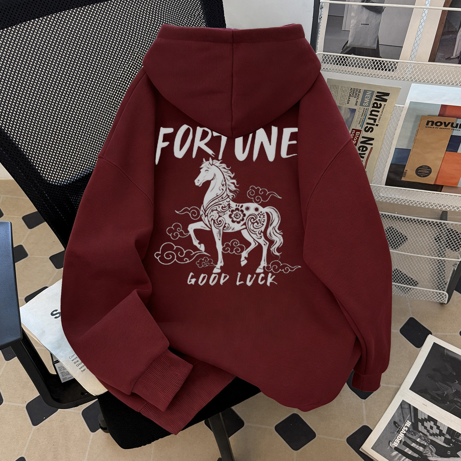 新年2026马年本命年酒红色连帽卫衣男秋冬加绒青少年宽松外套帽衫,男装,卫衣,淘宝优惠券,粉丝福利购,淘宝优惠卷