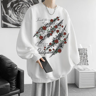 美式玫瑰印花圆领潮牌卫衣男女春秋重磅纯棉加绒宽松长袖潮流外套