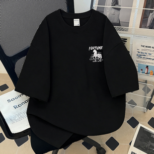 马年新款本命年圆领短袖T恤衫国潮春夏男女宽松落肩重磅纯棉上衣