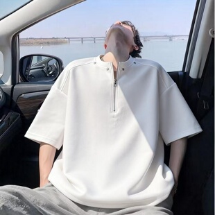 夏季新款潮牌重磅宽松短袖T恤衫男美式高街半拉链设计感上衣半袖