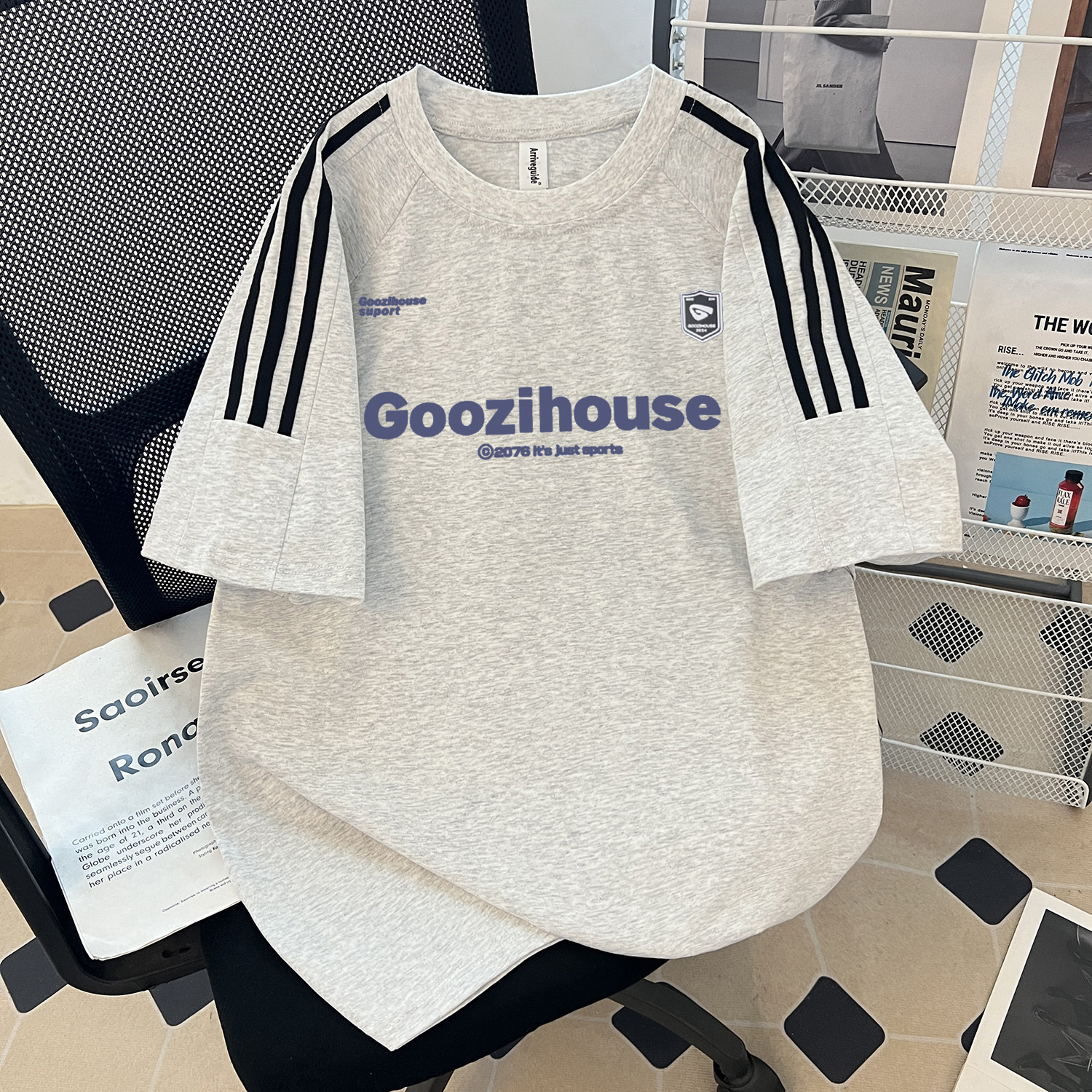 美式运动风纯棉重磅短袖T恤男女夏季新款字母印花三条杠潮牌上衣