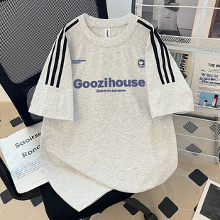 美式运动风纯棉重磅短袖T恤男女夏季新款字母印花三条杠潮牌上衣