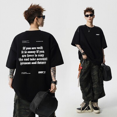 美式高街肩链重磅字母宽松T恤