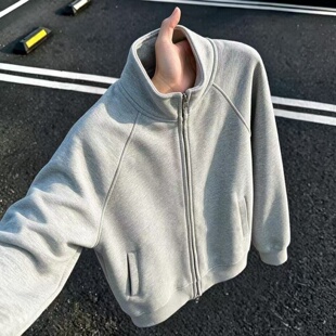灰色立领拉链开衫卫衣男春秋插肩袖重磅加绒宽松休闲运动百搭外套