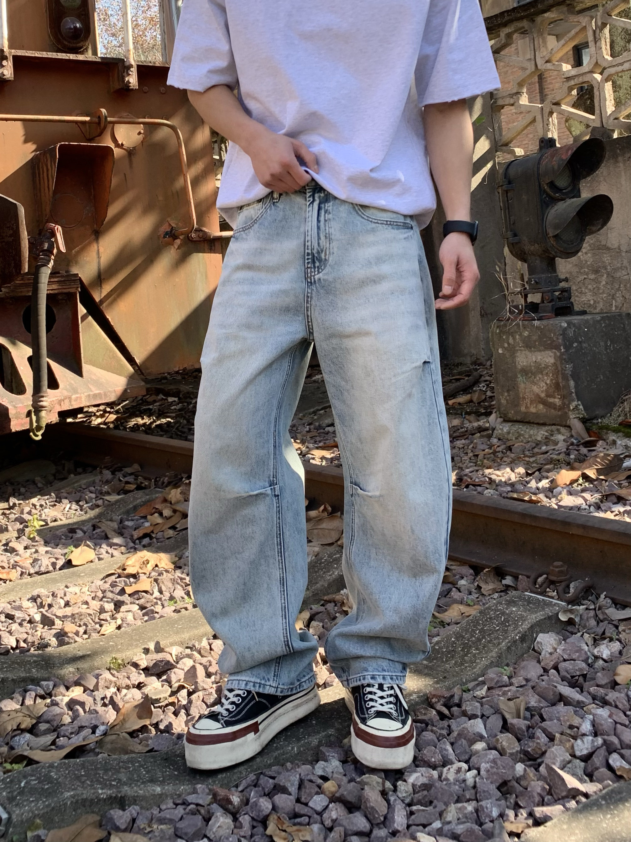 2025SANTI创意新款男士宽松弯刀阔腿裤美式高街潮流时尚牛仔长裤