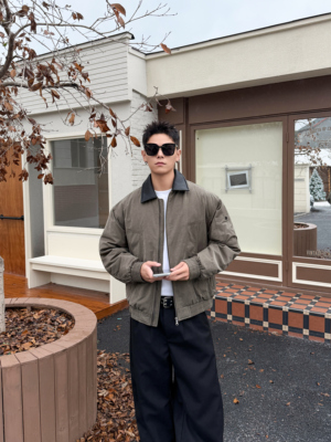 美式复古水洗拼皮领巴恩风男士羽绒服廓形宽松90白鸭绒宽松外套潮