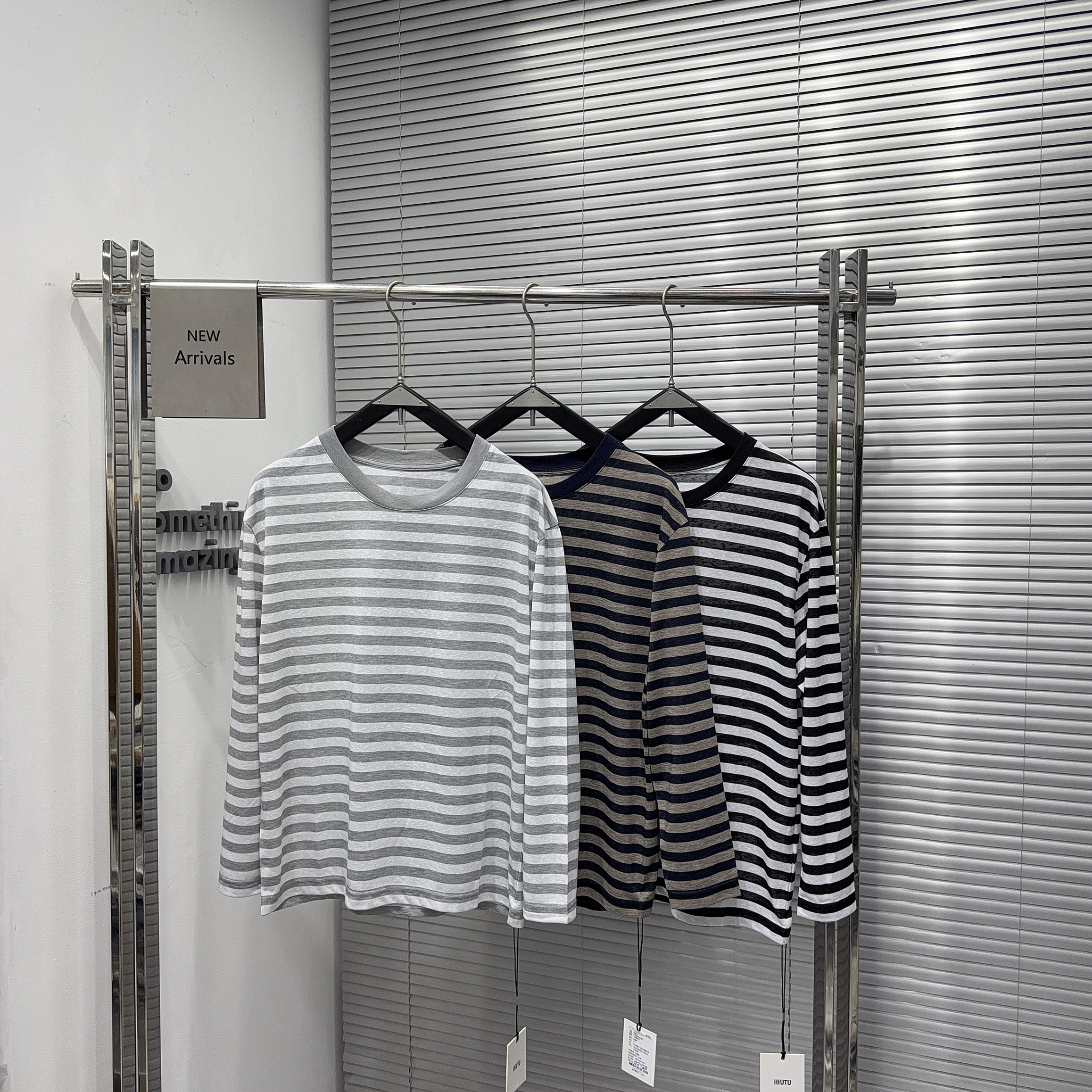 YUAN MJH慵懒松弛感条纹长袖T恤男夏季薄款宽松休闲灰色百搭上衣