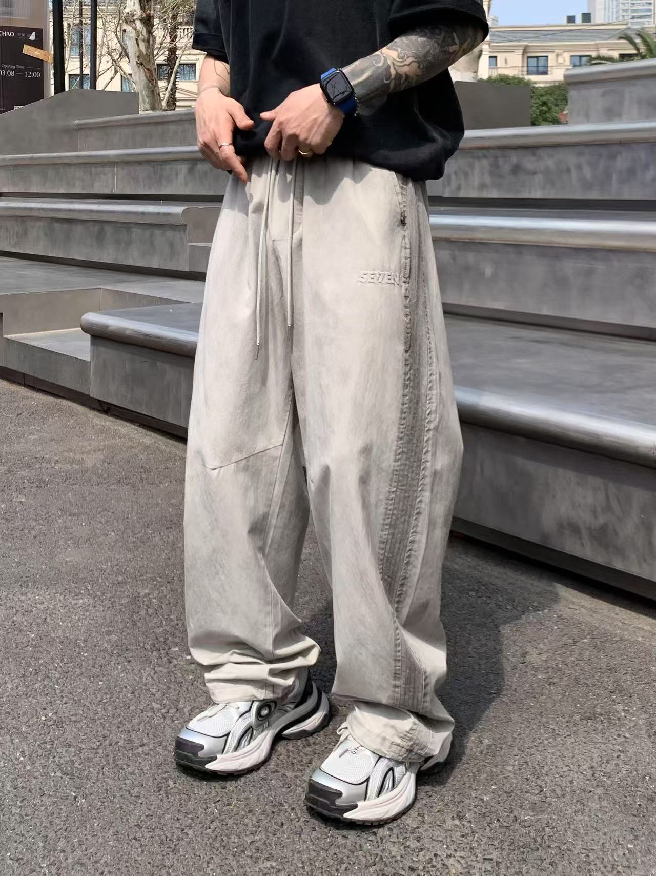 YOUDU夏季新款休闲裤男设计款做旧扎染直筒裤美式宽松薄弯刀长裤