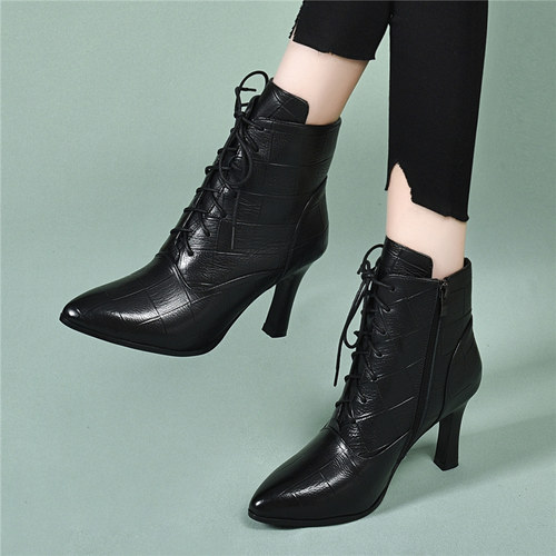 秋冬新款短靴真皮细跟高跟马丁靴