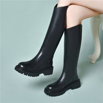 真皮厚底长筒靴女圆头平底骑士靴