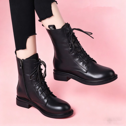 粗跟圆头系带中筒靴真皮马丁靴