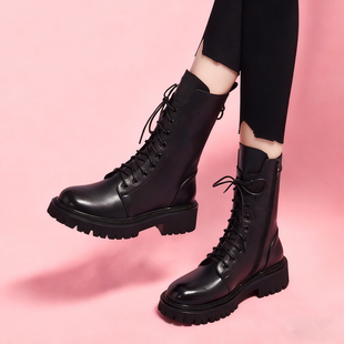 2025秋冬季新款粗跟系带马丁靴女真皮厚底中筒靴时尚圆头加绒皮靴