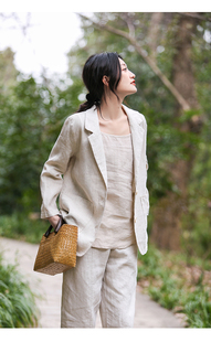 亚麻西服 棉麻单排扣小西装 外套女2024秋新款 宽松上衣文艺中式 长袖