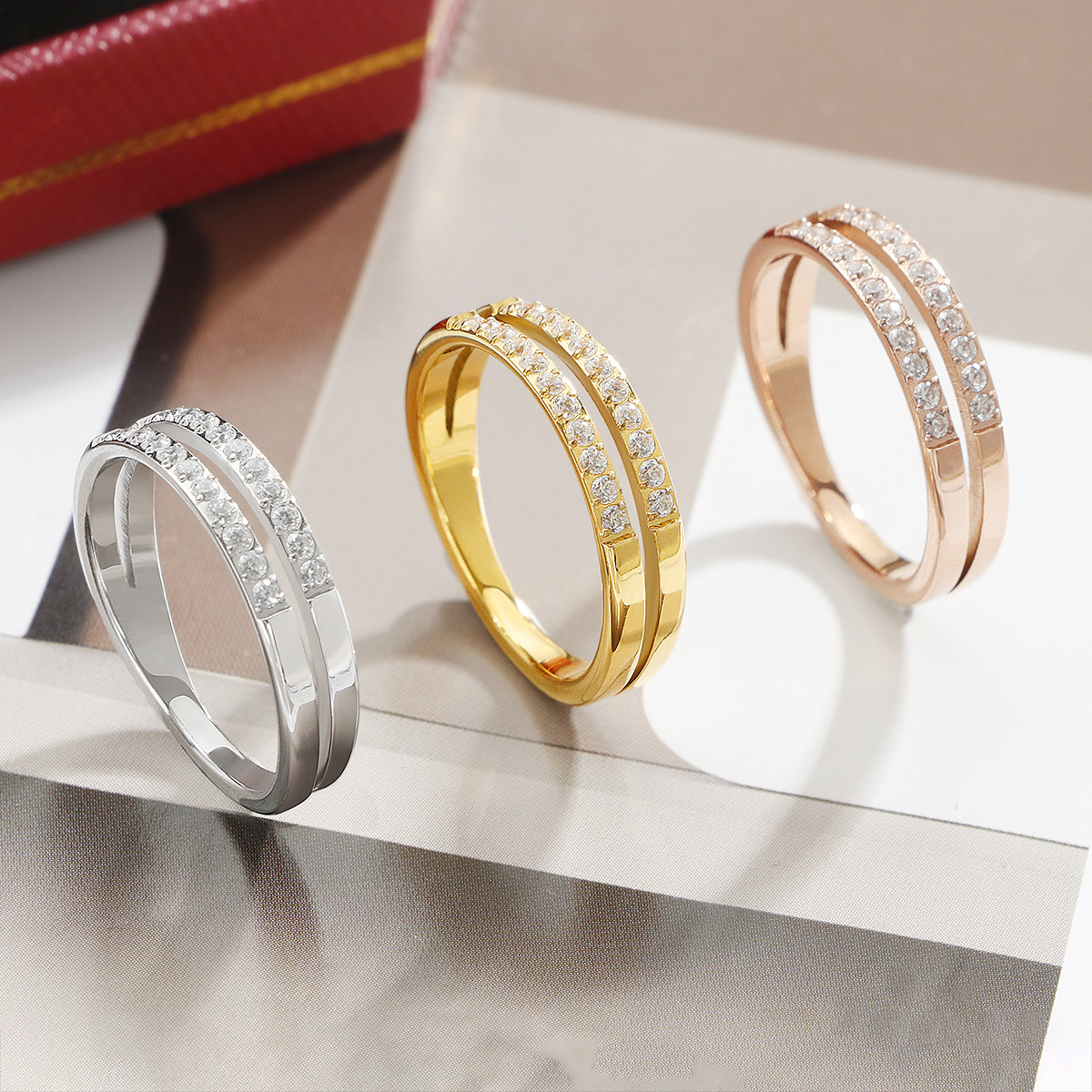 跨境钛钢不掉色双层镶锆石22粒戒指女小众设计轻奢时尚食指指环