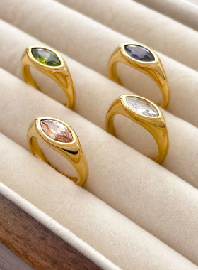 欧美时尚新款多色椭圆水滴眼睛钻钛钢镀金戒指指环百搭食指中指女