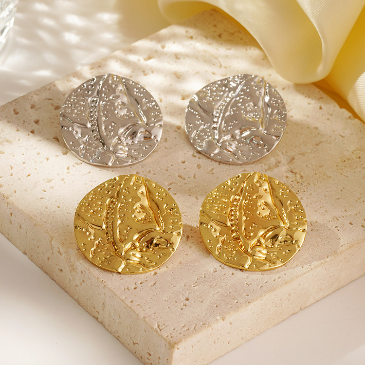 跨境爆款潮流圆形凹纹钛钢镀18K金耳钉耳环时尚百搭新款欧美耳饰