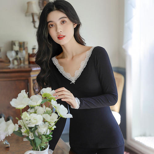 红豆纯棉V领秋衣秋裤大码单件上衣保暖内衣女薄款套装内搭外穿打