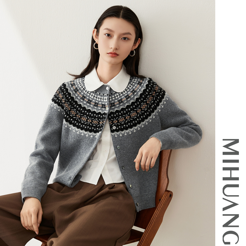 米皇2025秋季新款圆领单排扣加厚纯羊绒外套时尚复古女士针织开衫