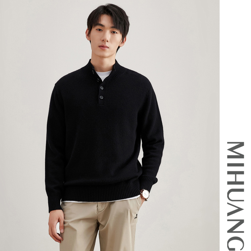 米皇冬季新品半高领纯色都市时尚休闲半开休闲纯山羊绒男衫