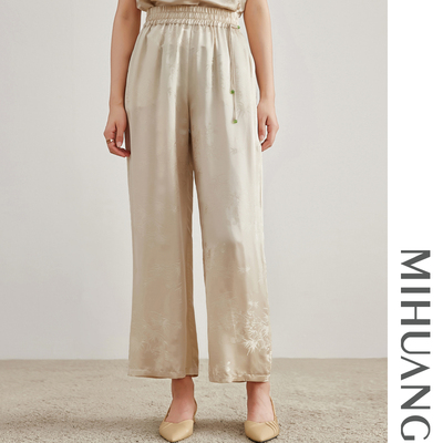 米皇2025春季新款真丝薄款直筒裤休闲纯色宽松收腰桑蚕丝女士长裤