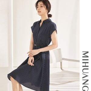 【一口价】米皇春夏翻领短袖真丝连衣裙女韩版波点桑蚕丝中长裙