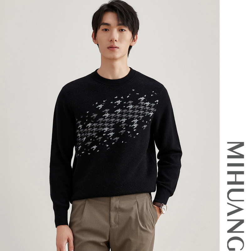 米皇秋冬新款圆领提花套头男士羊绒衫休闲通勤厚款纯羊绒毛衣