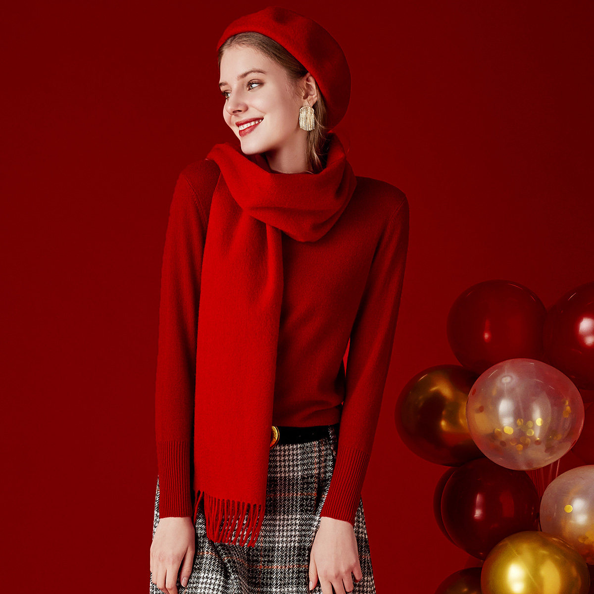 米皇纯100%山羊绒围巾年会庆典活动大红喜庆披肩百搭保暖时尚围脖