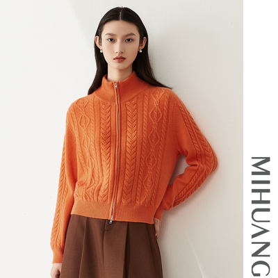 米皇2025秋冬新款半高领加厚羊绒开衫女外套时尚宽松纯羊绒毛衣