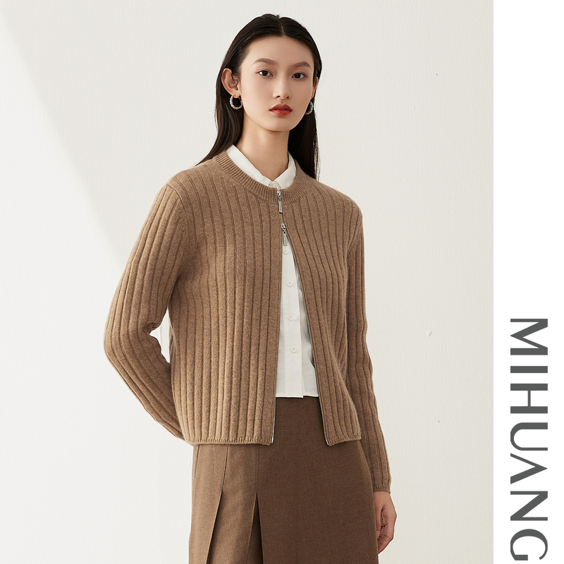 米皇2025秋季新款圆领拉链羊绒开衫女上衣通勤厚款纯羊绒针织毛衣