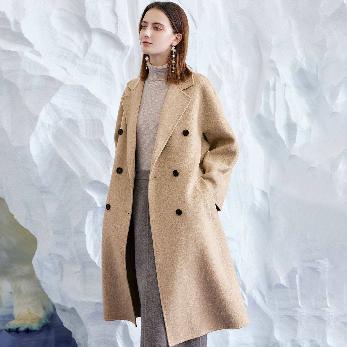 【一口价】米皇100%山羊绒翻领通勤简约双排扣大衣外套MSC205031