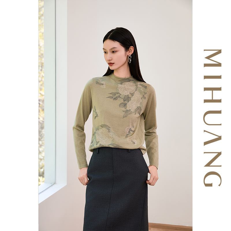 [商场同款]米皇2025秋冬新品半高领绣花精纺羊绒女衫
