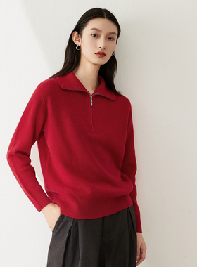 米皇秋季新款翻领半拉链套头羊绒衫女休闲纯色纯羊绒毛衣针织衫