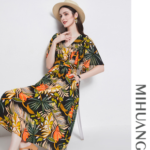 米皇春夏印花真丝连衣裙女休闲波西米亚风桑蚕丝中长裙 一口价