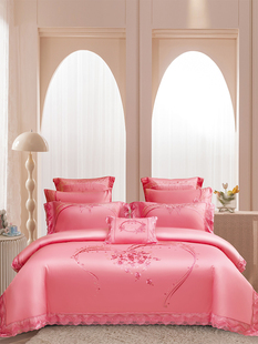 140计数棉花婚礼四或六件套刺绣蕾丝婚礼粉红色被子套床单新婚床