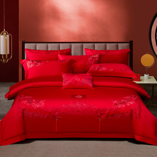 140支全棉大红刺绣婚庆四六件套