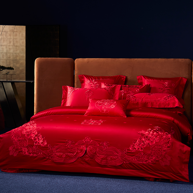 140支全棉刺绣大红婚庆四六件套