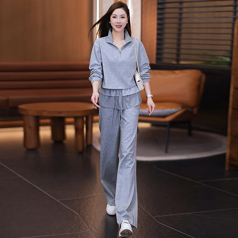时尚套装女秋季翻领条纹拼接假两件卫衣阔腿裤显瘦百搭休闲两件套