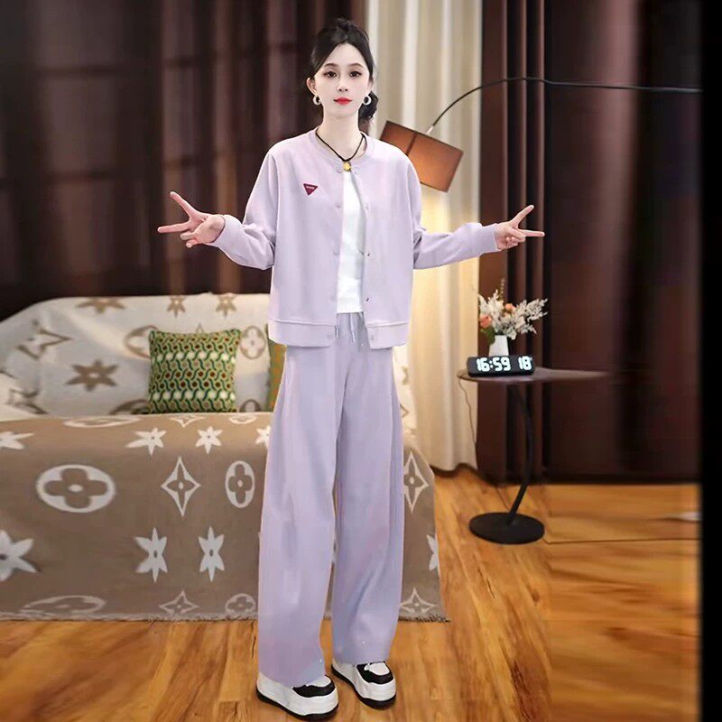 时尚休闲套装女新款韩版宽松开衫薄外套显瘦阔腿裤两件套