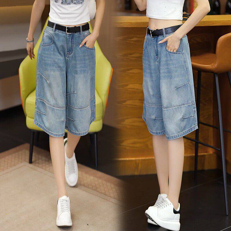 蓝色阔腿牛仔短裤女夏季薄款