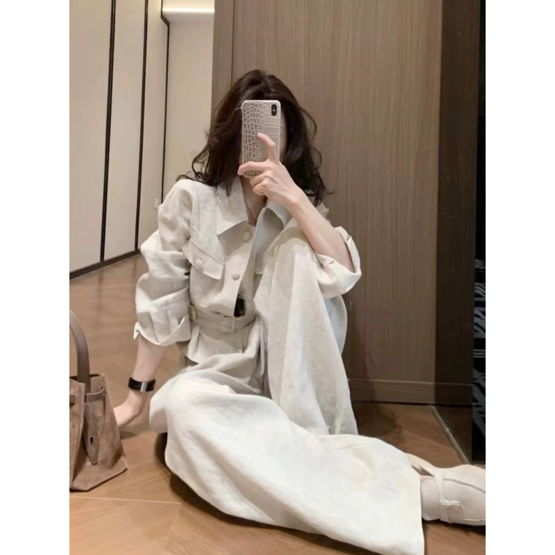 新款老钱风亚麻衬衫套装女春季休闲收腰工装衬衣阔腿裤两件套