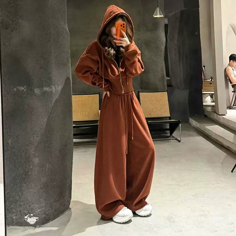 时尚休闲套装女秋季新款时髦洋气连帽开衫外套阔腿裤两件套潮